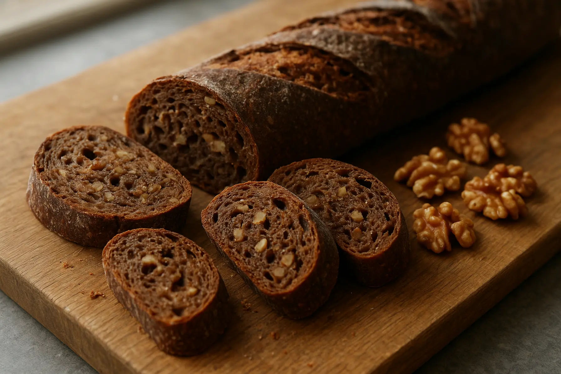 Mørk maltbaguette med valnødder