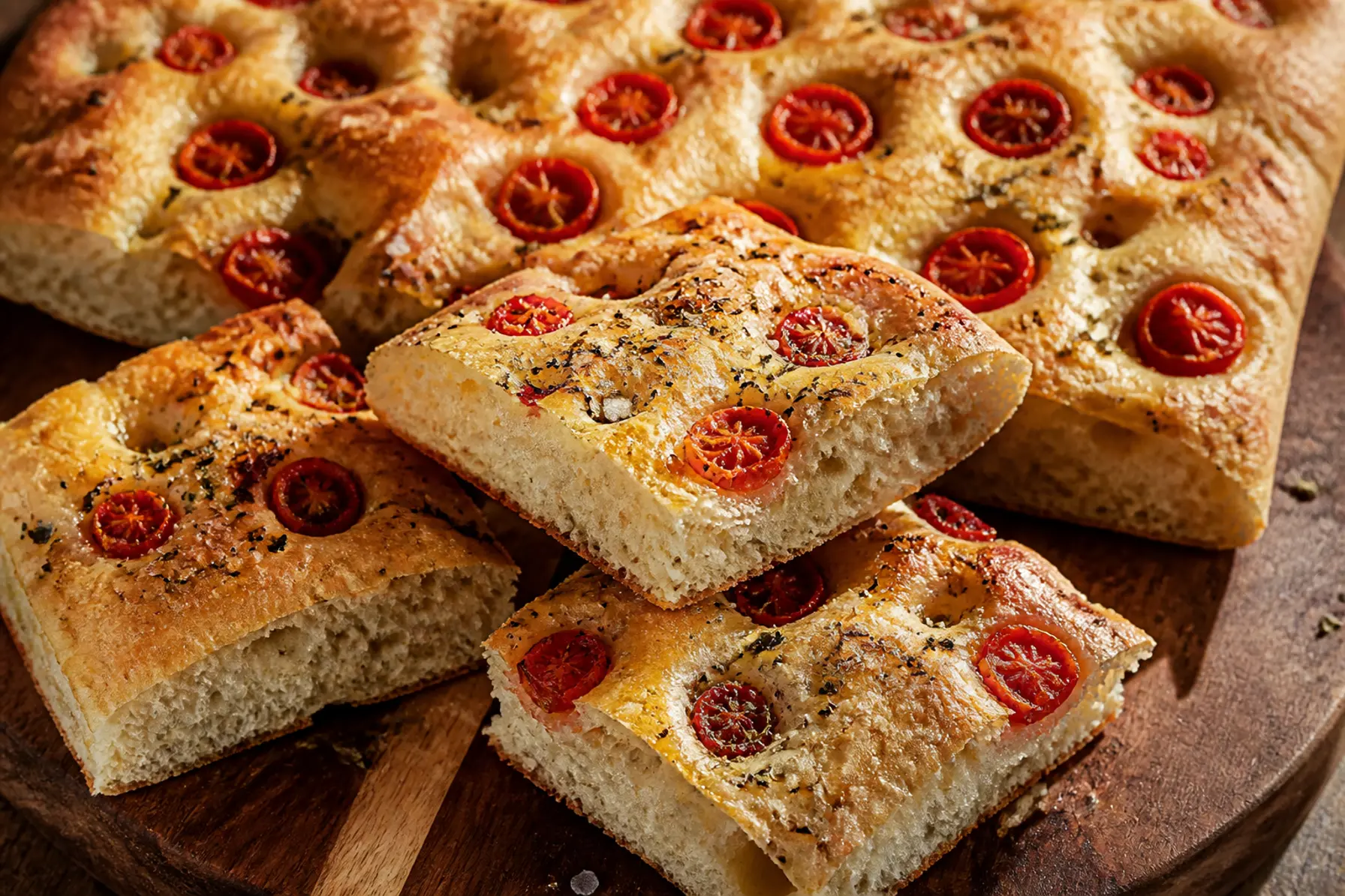 Saftig focaccia med tomat og oregano